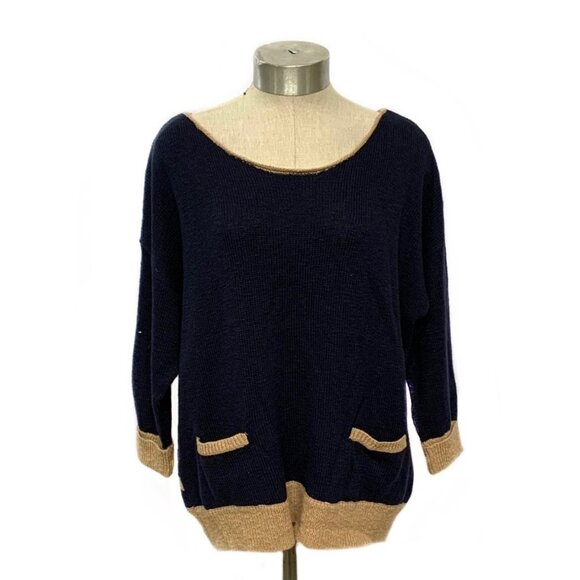 LUCKY BRAND Navy Blue + Tan Striped Back 3/4 Sleeve Women's Sweater NWT Size XL - Picture 2 of 7